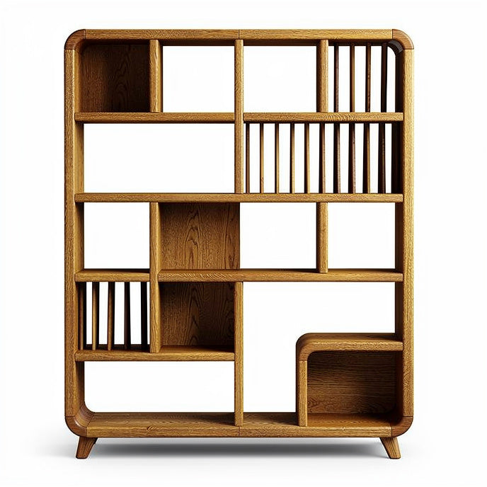 **Modern Wooden Bookshelf with Asymmetrical Design**