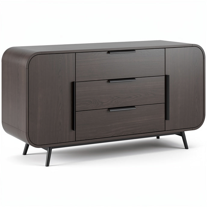 **Modern Dark Wood Sideboard with Sleek Handles and Tapered Legs**