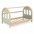 **Natural Wood Toddler Bed with Green Safety Rails**