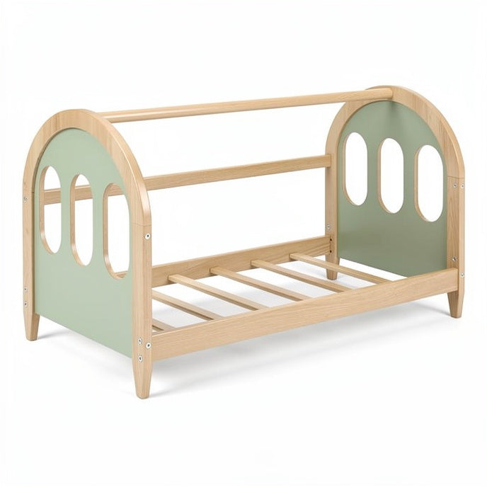 **Natural Wood Toddler Bed with Green Safety Rails**