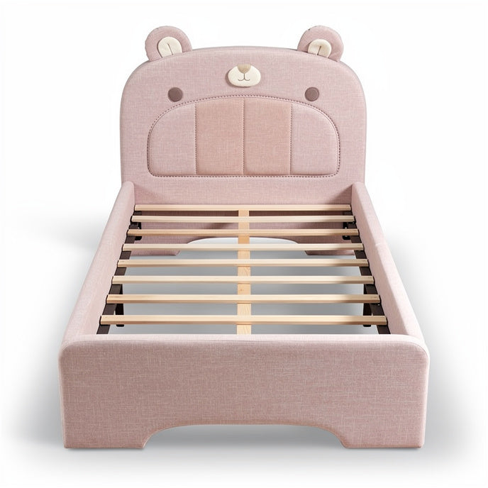 **Children's Bear-Shaped Bed with Soft Upholstery and Slatted Design**