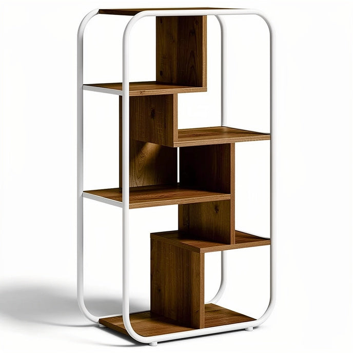 **Modern Geometric Bookshelf with Wooden Shelves and Metal Frame**